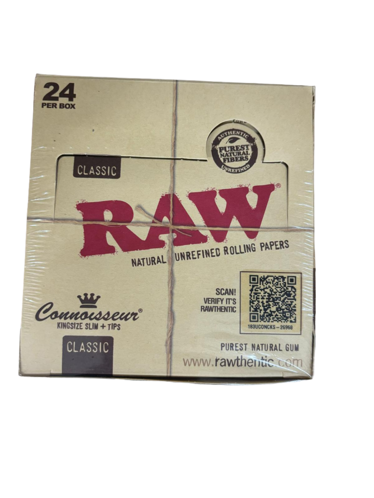 RAW Classic Natural Unrefined Rolling Papers - King Size Slim+ Tips - 24 Packs Per Box