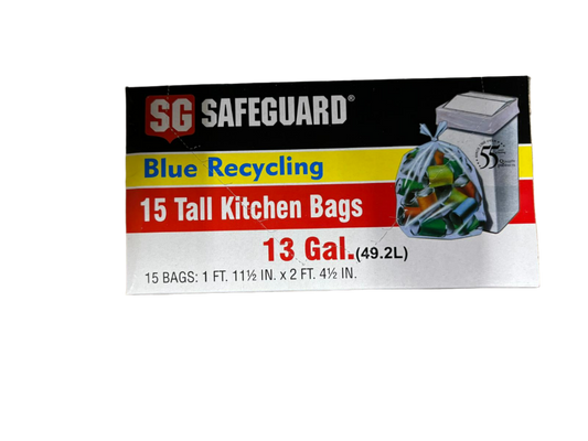 Safeguard 13 Gallons Blue Recycling Kitchen Bags - 15 Count