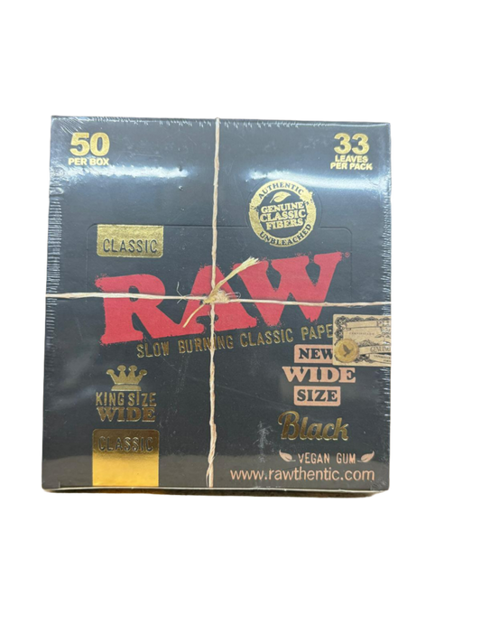 RAW Classic Slow Burning Papers - Black - King Size Wide - 50 Packs Per Box