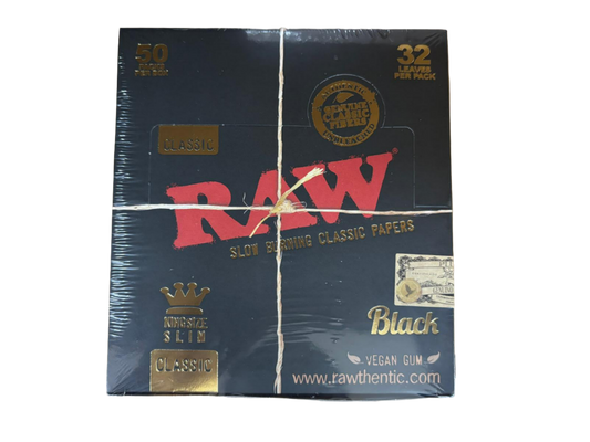 RAW Slow Burning Classic Papers - Black - King Size Slim - 50 Pack Per Box