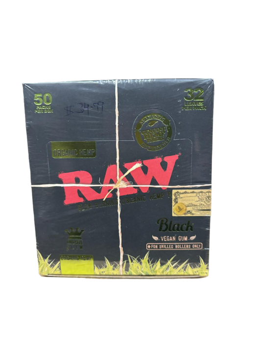 RAW Slow Burning Organic Hemp Papers - Black - King Size Slim - 50 Pack Per Box