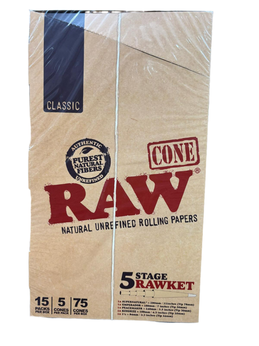 RAW Cone Natural Un Refined Rolling Papers - 5 Stage Rawket - 15 Packs per Box