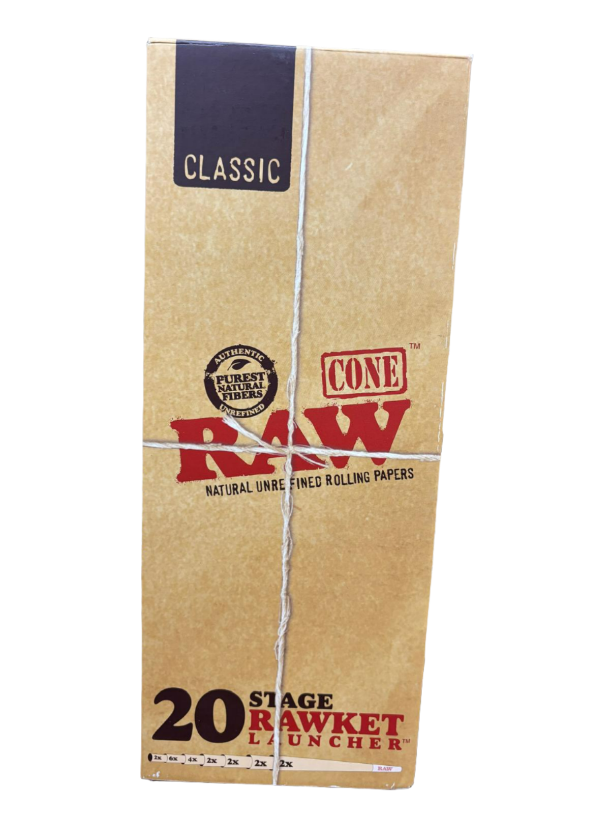 RAW Cone Natural Un Refined Rolling Papers - 20 Stage Rawket Launcher - 8 Packs per Box