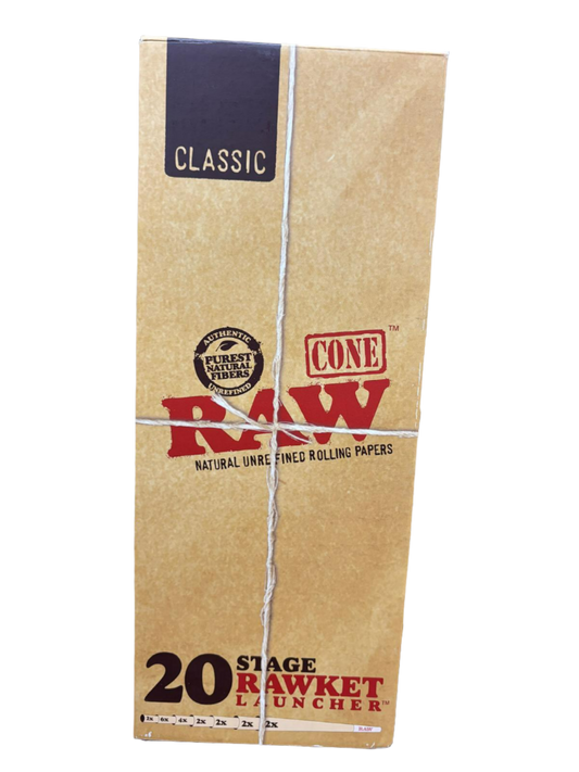 RAW Cone Natural Un Refined Rolling Papers - 20 Stage Rawket Launcher - 8 Packs per Box