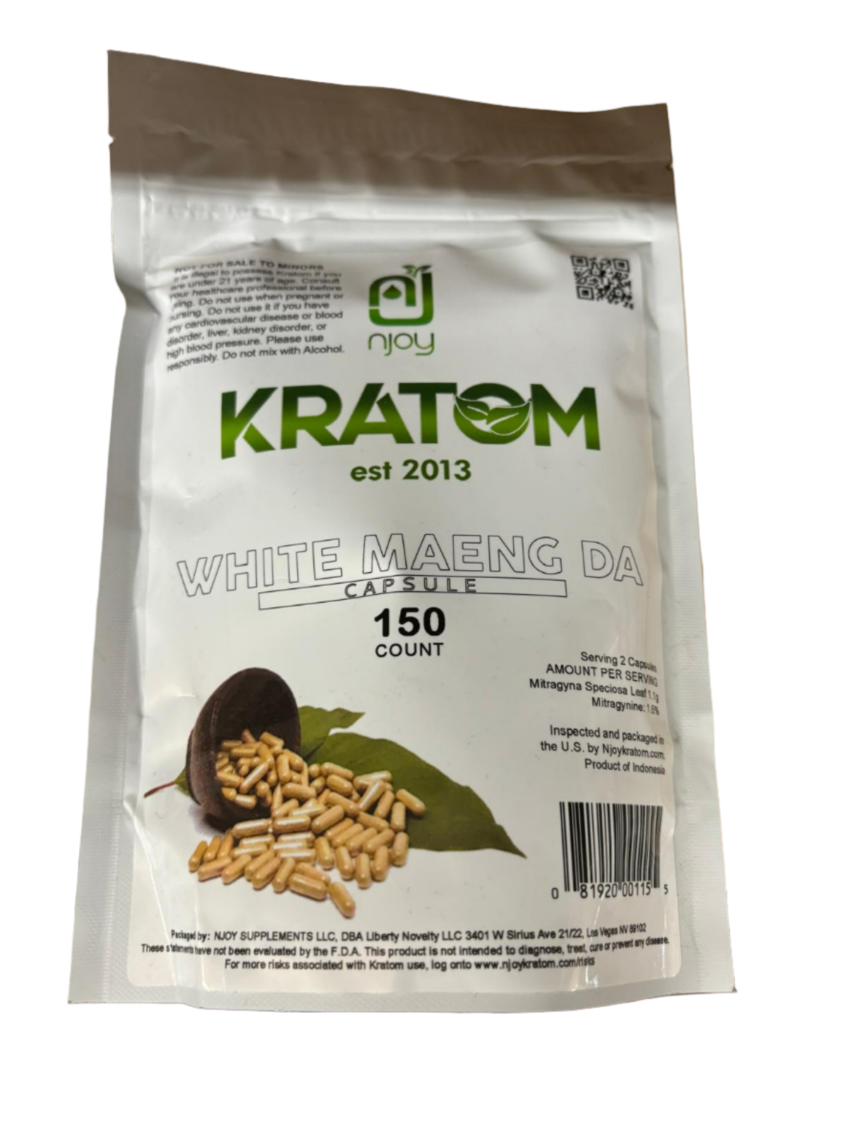 njoy's Kratom White Maeng Da  - 150 Capsules